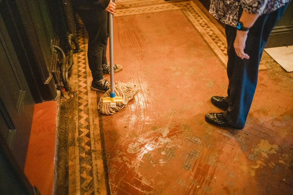 Specialist conservation cleaning of 1901 terracotta and Minton tiles at The Anchor Digbeth